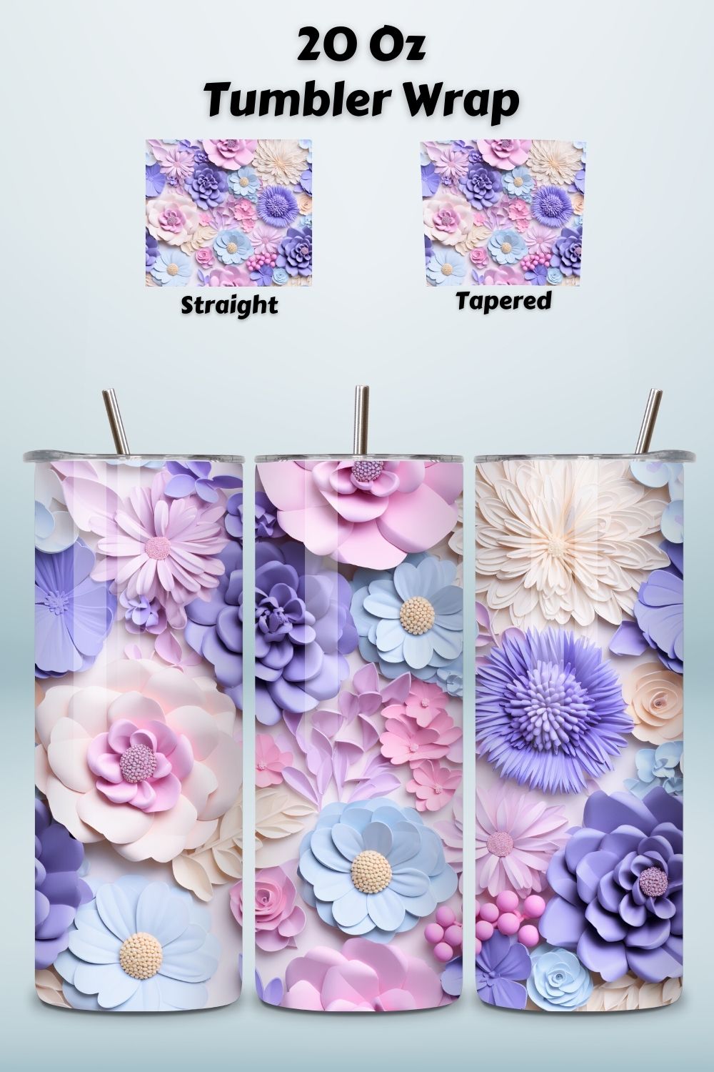 3D Pastel Flowers Tumbler Wrap, 20oz Skinny Tumbler Sublimation Design, Download, Straight & Tapered 3D Ceramic pinterest preview image.
