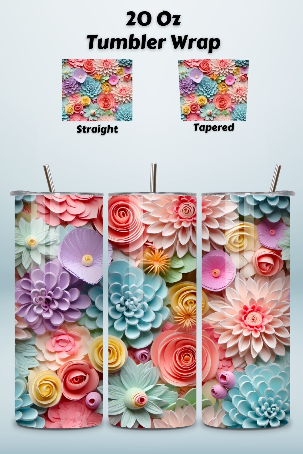 Pastel Flowers 3D Tumbler Wrap, Eclectic Floral Pattern for Flower Lover, Straight and Tapered Tumbler Wrap PNG pinterest preview image.