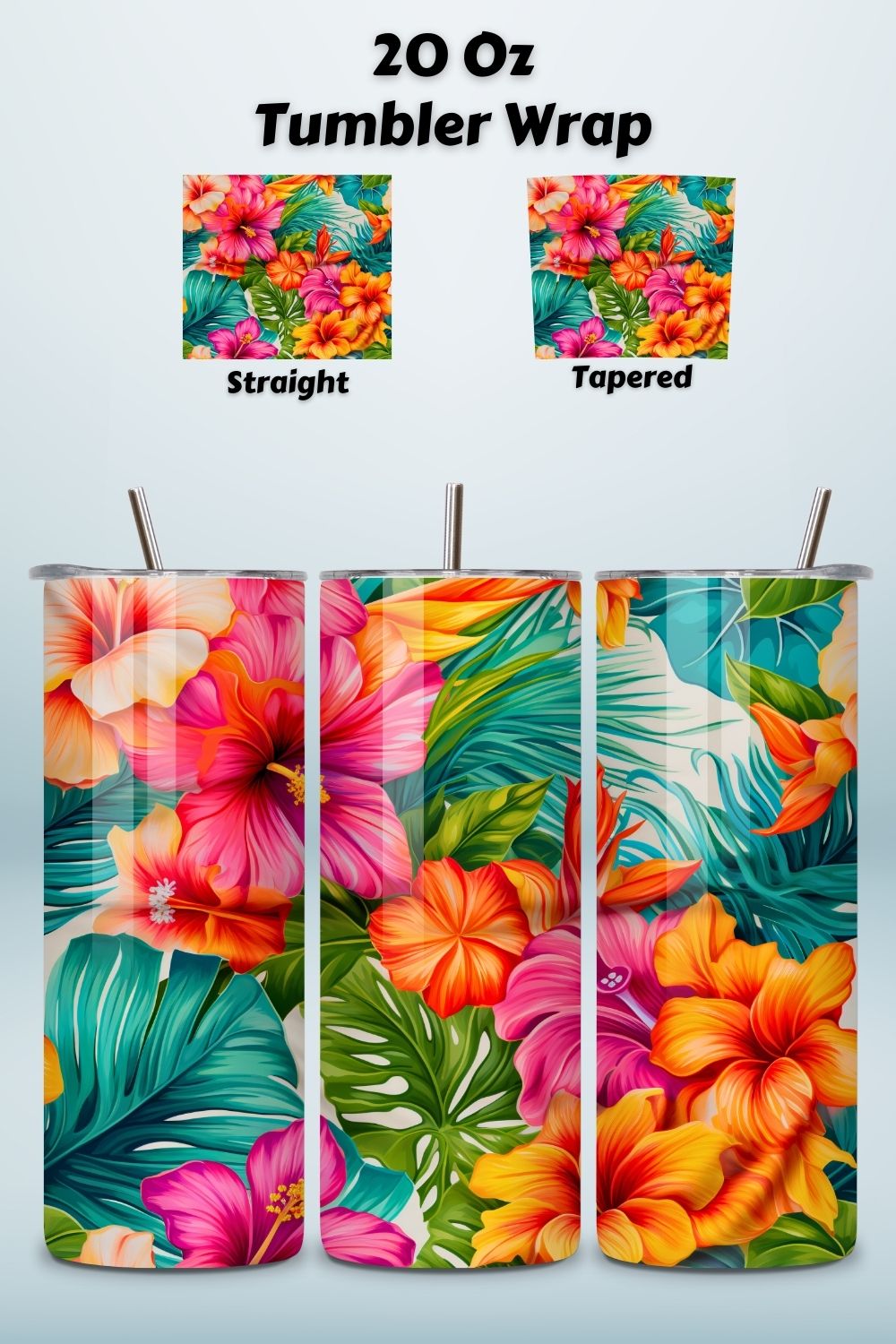 Tropical Hibiscus Flowers Tumbler wrap, Seamless Wrap PNG pinterest preview image.