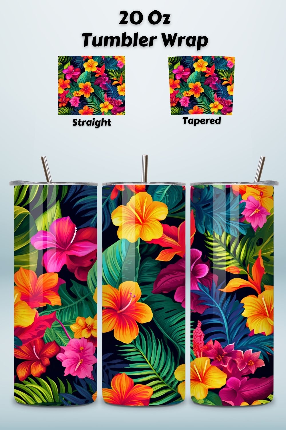 Tropical Paradise Bloom Tumbler wrap, Seamless Wrap PNG, Tropical Floral Tumbler Wrap, Colorful Botanical Design, Seamless 20oz Skinny PNG Sublimation, Exotic Leaves and Flowers pinterest preview image.