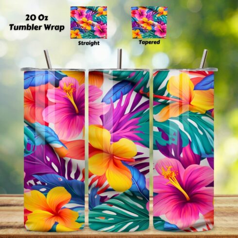 Tropical Flowers, Summer Floral, 20oz Sublimation Tumbler Designs, Skinny Tumbler Wraps Template cover image.