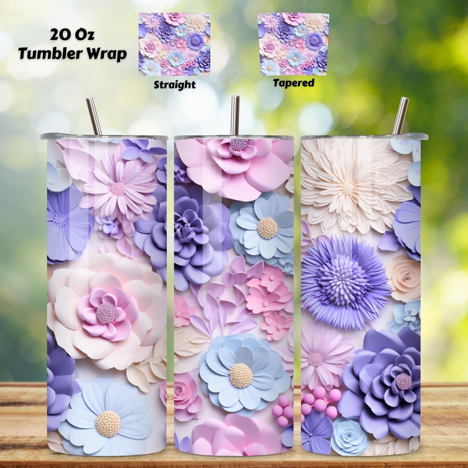 3D Pastel Flowers Tumbler Wrap, 20oz Skinny Tumbler Sublimation Design, Download, Straight & Tapered 3D Ceramic cover image.