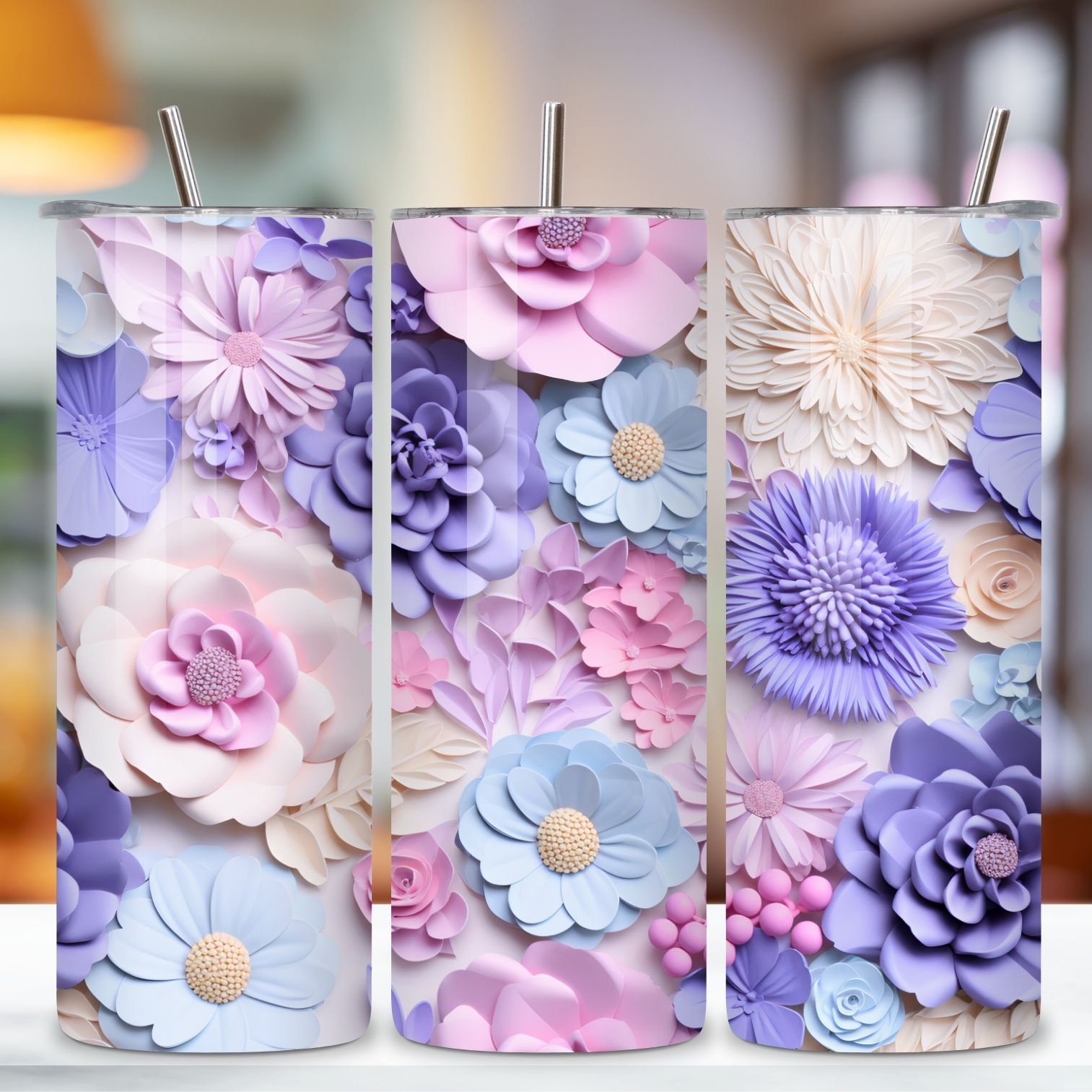 3D Pastel Flowers Tumbler Wrap, 20oz Skinny Tumbler Sublimation Design, Download, Straight & Tapered 3D Ceramic preview image.