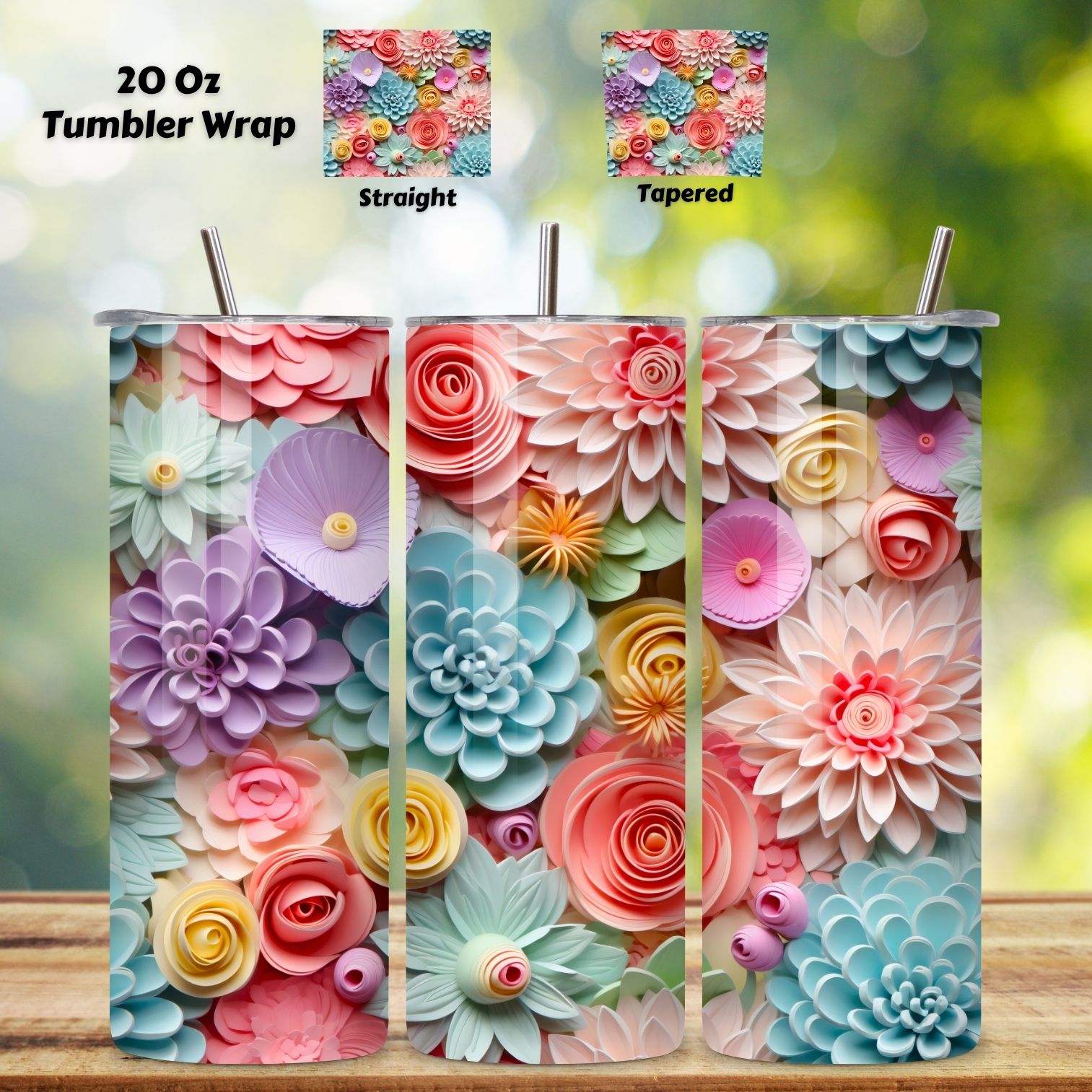 Pastel Flowers 3D Tumbler Wrap, Eclectic Floral Pattern for Flower Lover, Straight and Tapered Tumbler Wrap PNG cover image.