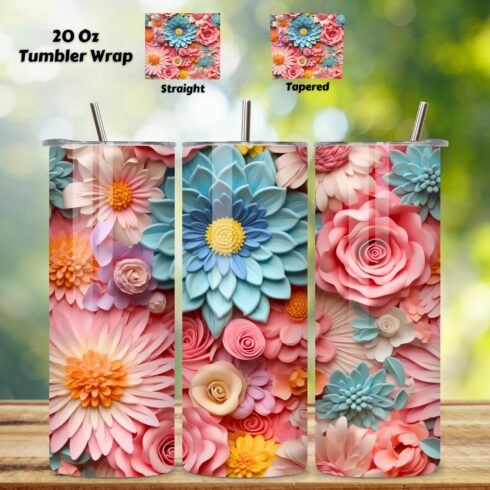 Pastel Flowers 3D Tumbler Wrap, Eclectic Floral Pattern for Flower Lover, Straight and Tapered Tumbler Wrap PNG cover image.