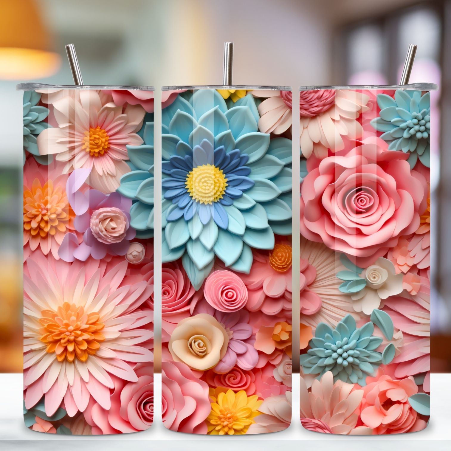 Pastel Flowers 3D Tumbler Wrap, Eclectic Floral Pattern for Flower Lover, Straight and Tapered Tumbler Wrap PNG preview image.
