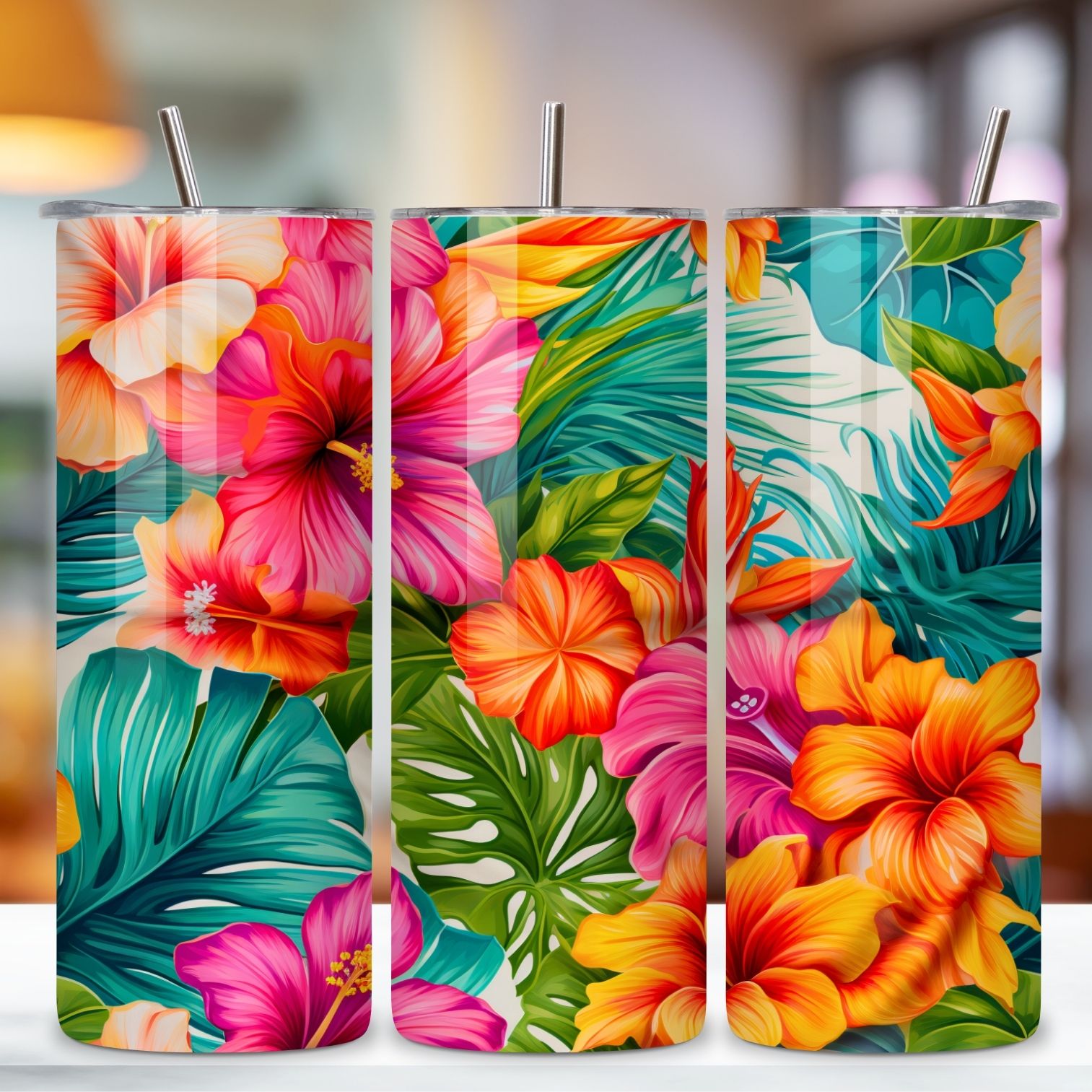 Tropical Hibiscus Flowers Tumbler wrap, Seamless Wrap PNG preview image.