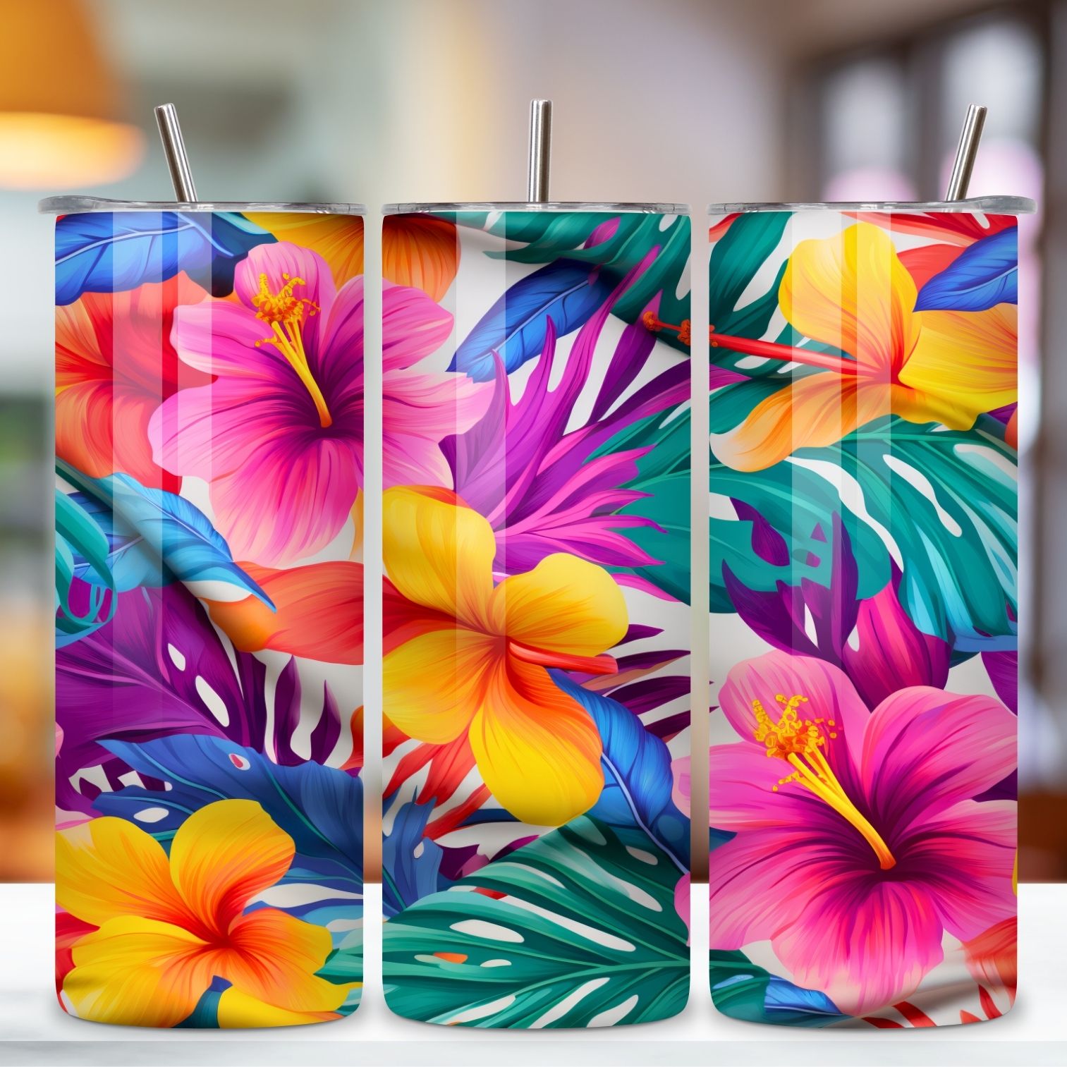 Tropical Flowers, Summer Floral, 20oz Sublimation Tumbler Designs, Skinny Tumbler Wraps Template preview image.