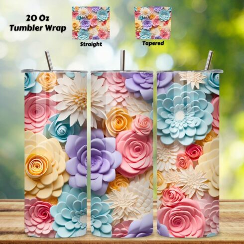 3D Pastel Roses 20 oz Skinny Tumbler Sublimation Design, 3d Pastel Flowers Straight & Tapered Tumbler Wrap PNG cover image.