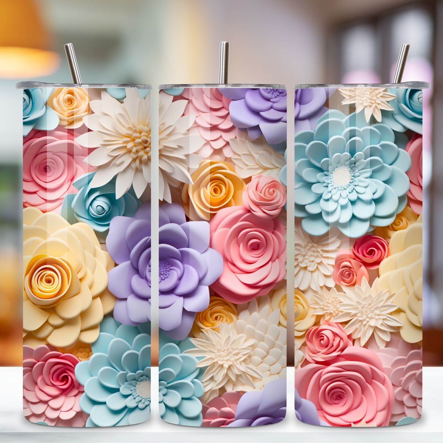 3D Pastel Roses 20 oz Skinny Tumbler Sublimation Design, 3d Pastel Flowers Straight & Tapered Tumbler Wrap PNG preview image.