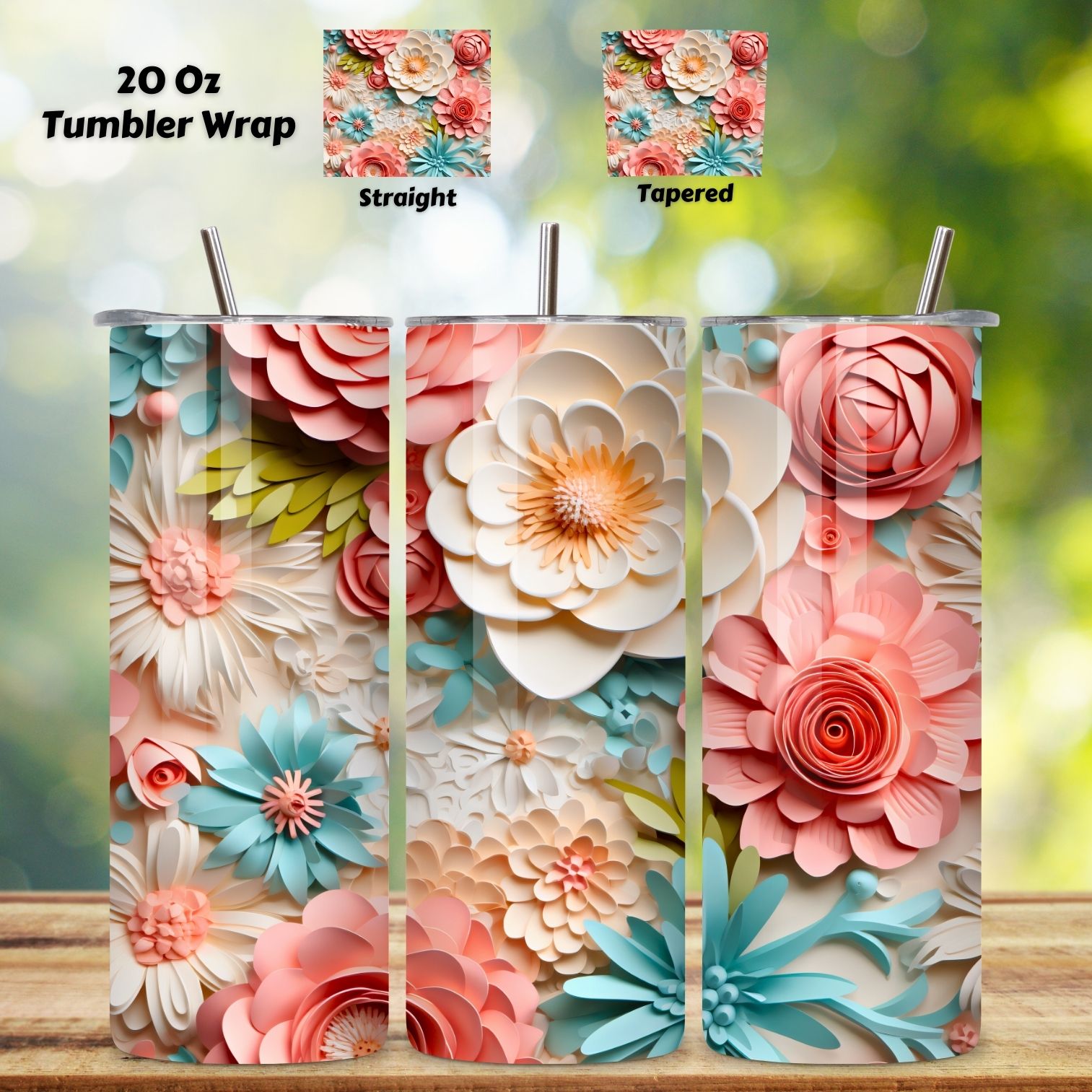 3D Pastel Flowers 20 oz Skinny Tumbler Sublimation Design, Straight And Tapered Tumbler Wrap, Instant Digital Download PNG cover image.
