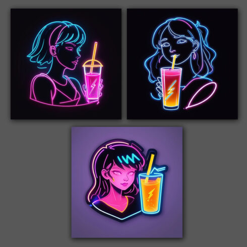 Juice - Juice Drink Girl 3D Neon Light Effects Logo Design Template cover image.