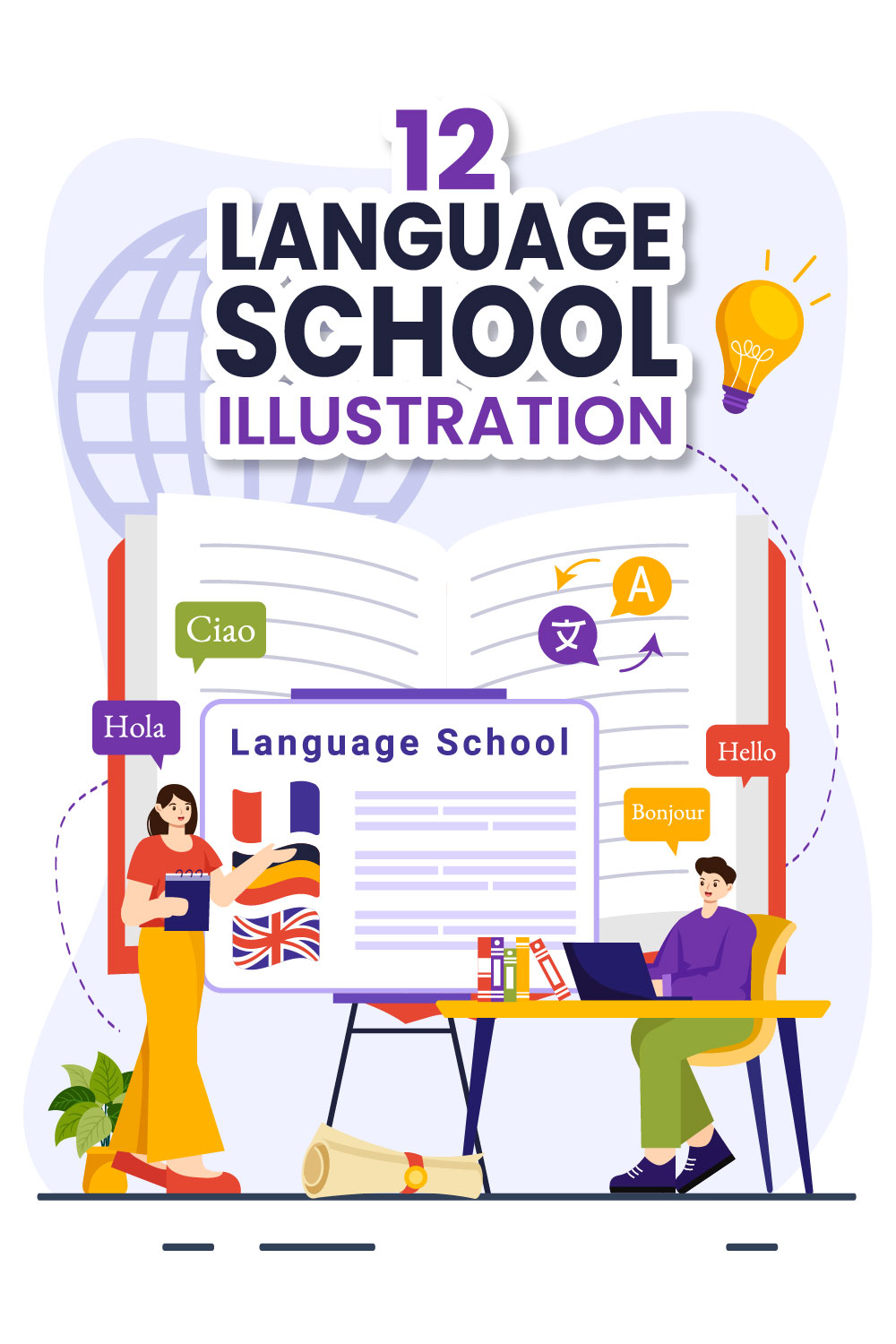12 Language School Illustration pinterest preview image.
