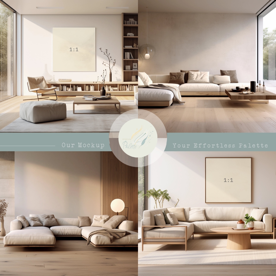 Four Frame Mockup Bundle, modern interior living room, jpg png & psd w/ smart object cover image.