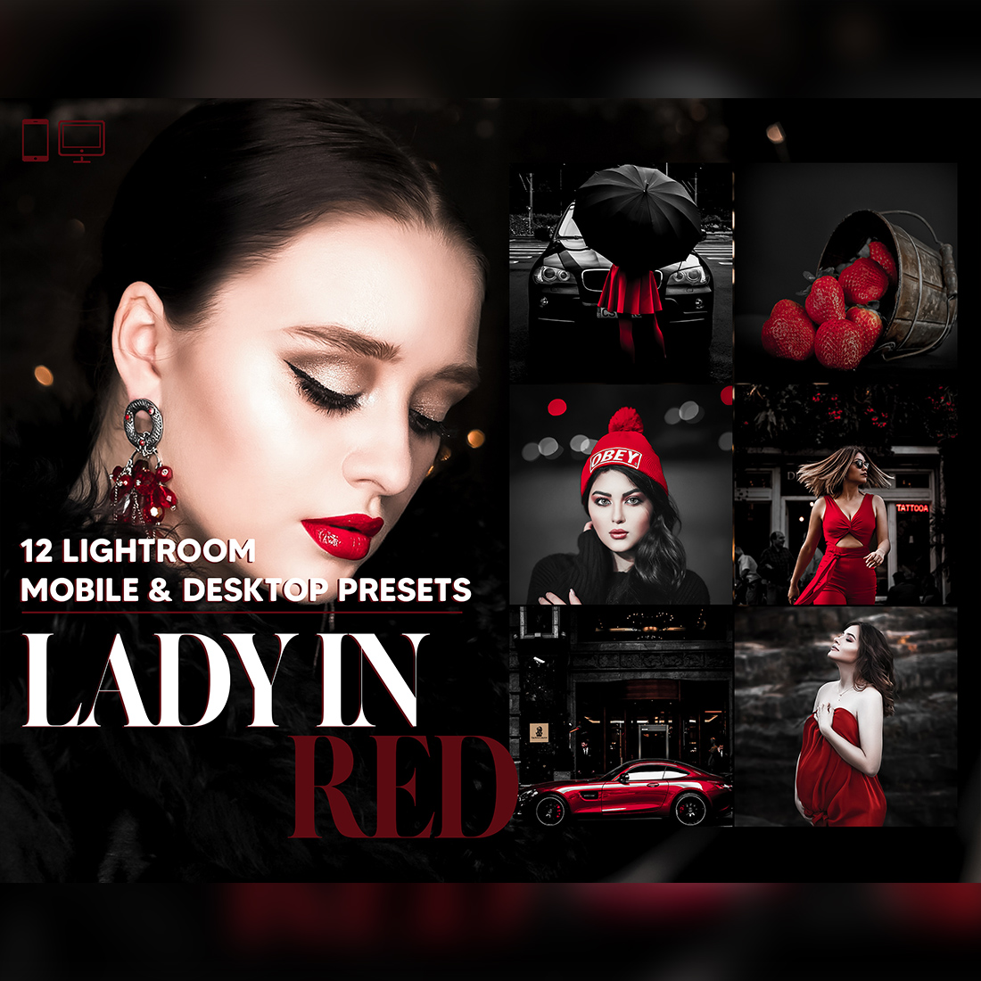 12 Lady In Red Lightroom Presets, Monochrome Mobile Preset, Women In Color Desktop, Blogger, DNG Lifestyle And Portrait Theme For Instagram cover image.