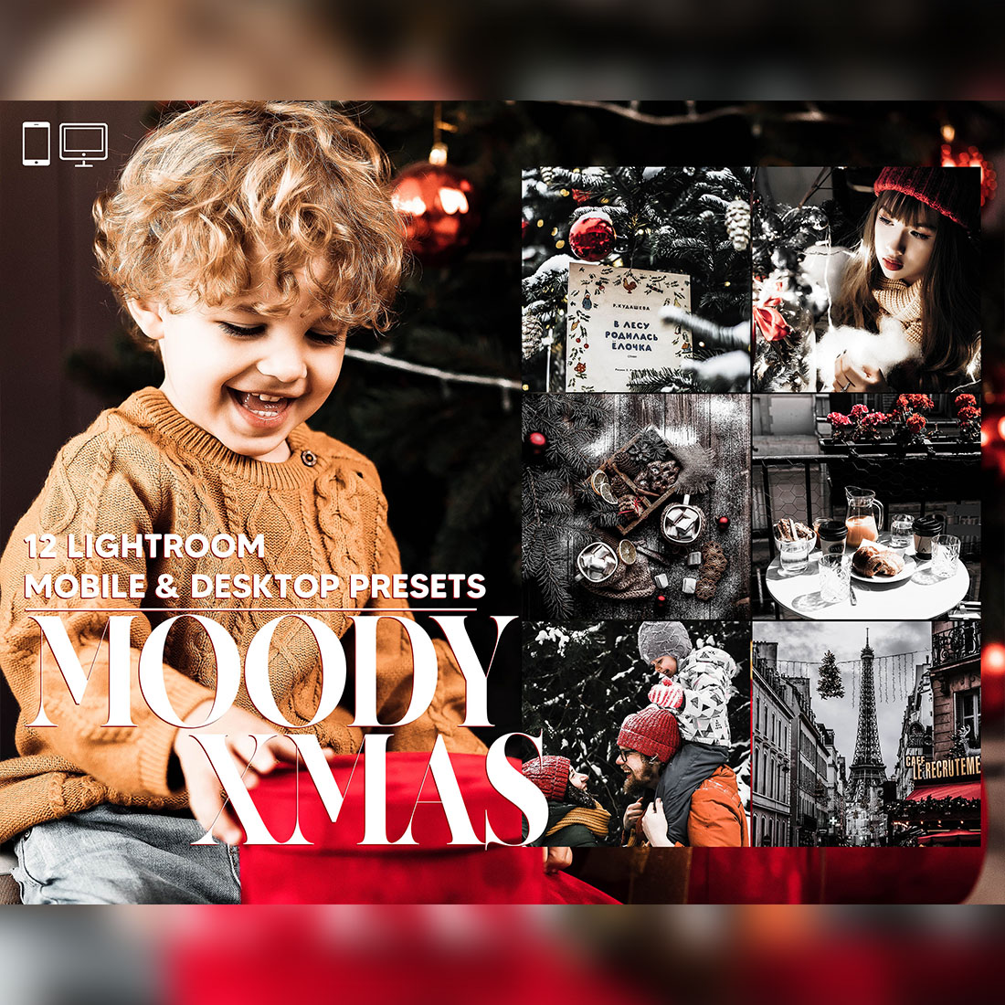12 Moody Xmas Lightroom Presets, Christmas Mobile Preset, Holiday Desktop, Blogger And Lifestyle Theme For Instagram LR Filter DNG Portrait cover image.