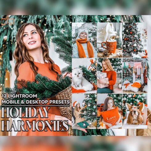 12 Holiday Harmonies Lightroom Presets, Xmas Mobile Preset, Christmas Desktop LR Filter Scheme Lifestyle Theme For Portrait, Instagram DNG cover image.