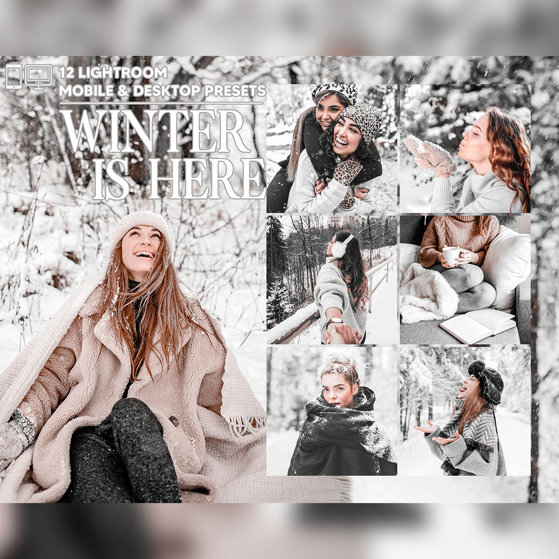 12 Winter Is Here Lightroom Presets, Clean Mobile Preset, Christmas Desktop LR Lifestyle DNG Instagram Bright Filter Theme Portrait Season cover image.