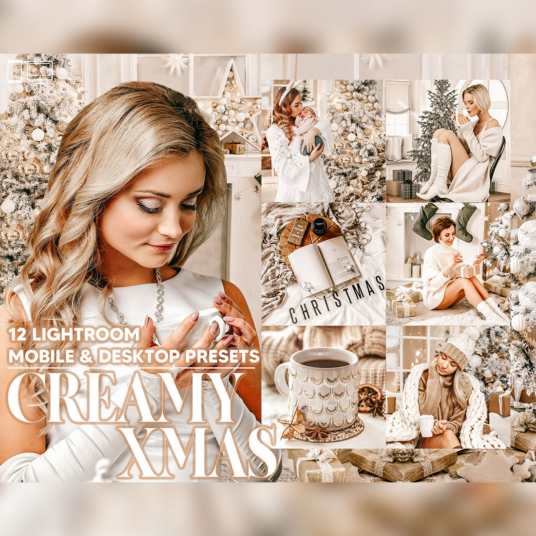 12 Creamy Xmas Lightroom Presets, Christmas Mobile Preset, Winter Desktop, Blogger And Lifestyle Theme Instagram LR Filter DNG Portrait cover image.