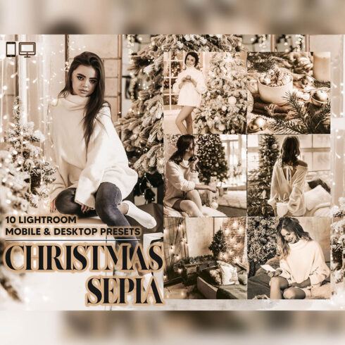10 Christmas Sepia Lightroom Presets, B&W Xmas Mobile Preset, Winter Desktop, Lifestyle Portrait Theme For Instagram LR Filter DNG Holiday cover image.