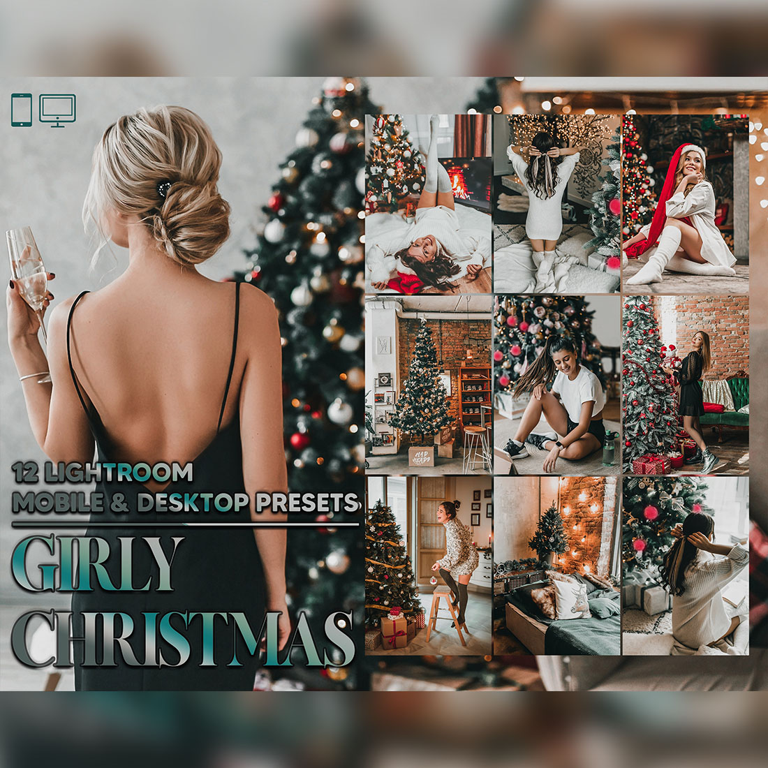 12 Girly Christmas Lightroom Presets, Holiday Mobile Preset, December Xmas Desktop LR Filter Scheme Lifestyle Theme For Portrait, Instagram cover image.