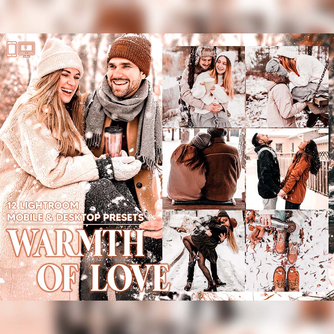 12 Warmth Of Love Lightroom Presets, Romance Mobile Preset, Winter Desktop LR Lifestyle DNG Instagram Kiss Filter Theme Portrait Season cover image.