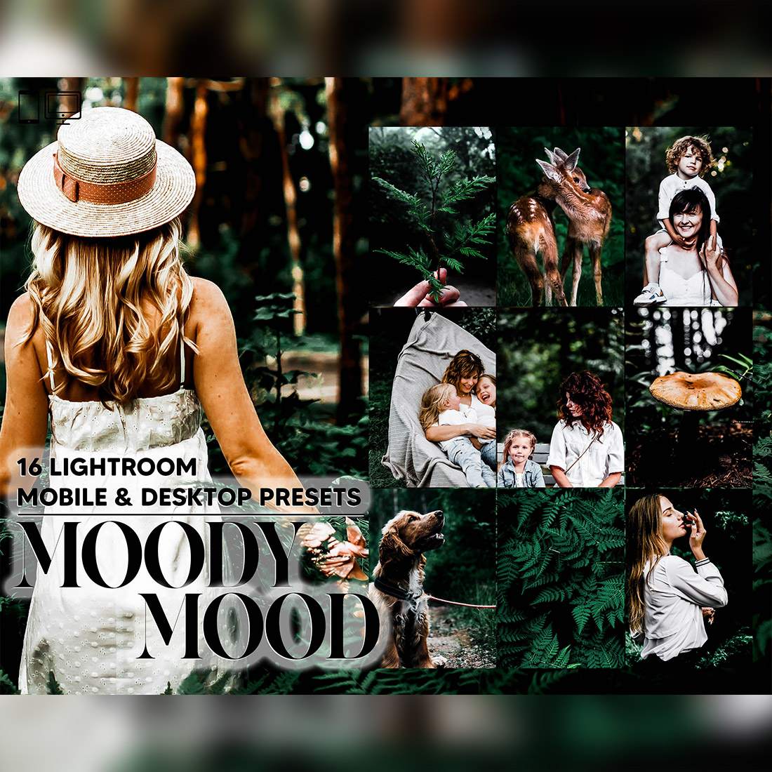 16 Moody Mood Lightroom Presets, Tropical Mobile Preset, Forest Dark Desktop LR Lifestyle DNG Instagram Filter Theme Portrait cover image.