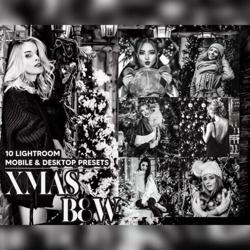 10 Xmas B&W Lightroom Presets, Black & White Christmas Mobile Preset, Winter Desktop, Lifestyle Portrait Theme For Instagram LR Filter DNG cover image.
