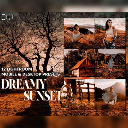 12 Dreamy Sunset Lightroom Presets, Golden Hour Mobile Preset, Moody Orange Desktop LR Filter DNG Portrait Lifestyle Instagram Blogger For cover image.