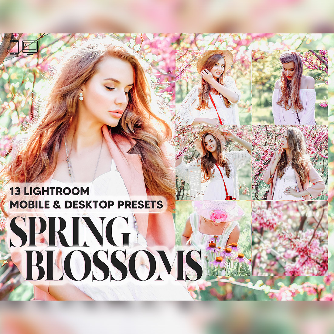 13 Spring Blossoms Lightroom Presets, Pastel Pink Mobile Preset, Natural Bright Desktop Lifestyle Portrait Theme For Instagram LR Filter DNG cover image.
