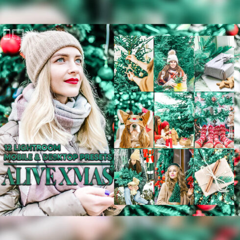12 Alive Xmas Lightroom Presets, Christmas Mobile Preset, December Holiday Desktop LR Filter Scheme Lifestyle Theme For Portrait, Instagram cover image.