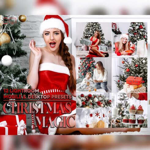 12 Christmas Magic Lightroom Presets, Red Xmas Preset, Green Holiday Desktop LR Filter DNG Lifestyle Theme For Blogger Portrait Instagram cover image.