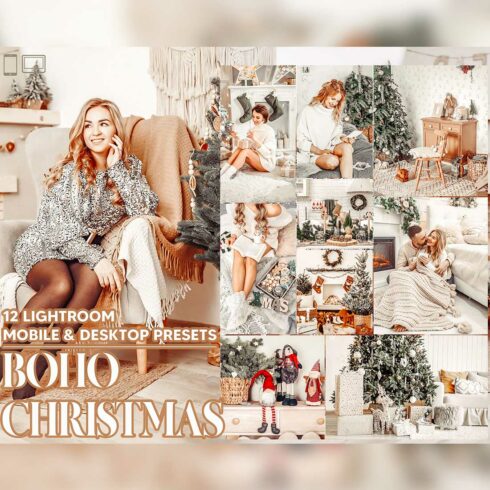 12 Boho Christmas Lightroom Presets, Xmas Bohamian Mobile Preset, Holiday Desktop LR Filter Lifestyle Theme For Blogger Portrait Instagram cover image.
