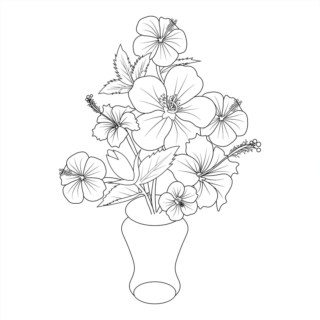 hibiscus flower coloring sheet china rose vector illustration, Sharon flower line art, hibiscus flower doodle and sticker preview image.