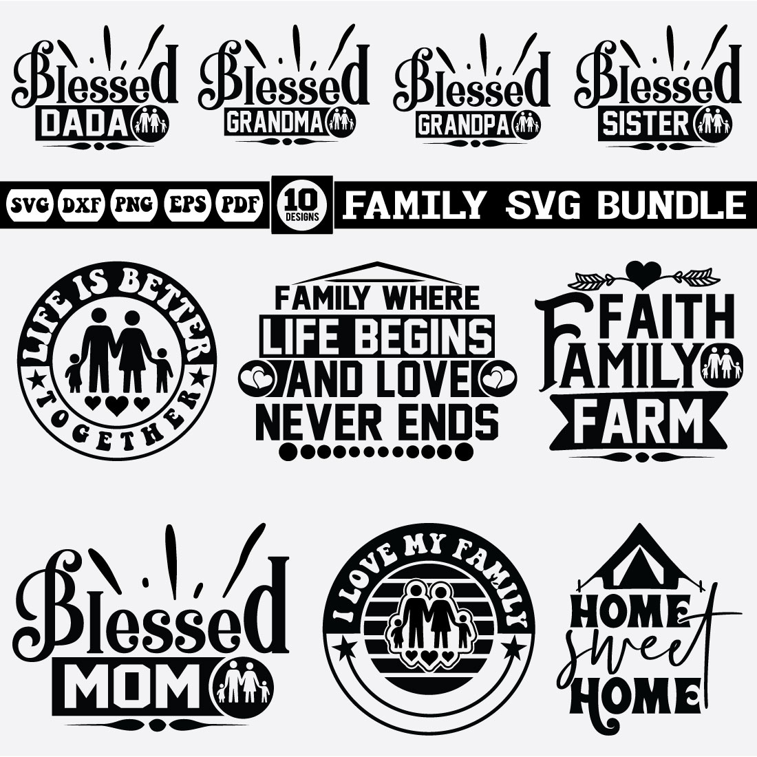 family svg design bundle cover image.