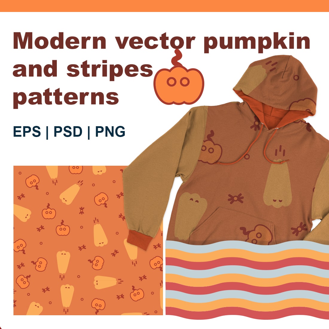 All eyes on your product with this design! Exclusive and modern pumpkin and color striped pattern design for your successful projects! cover image.