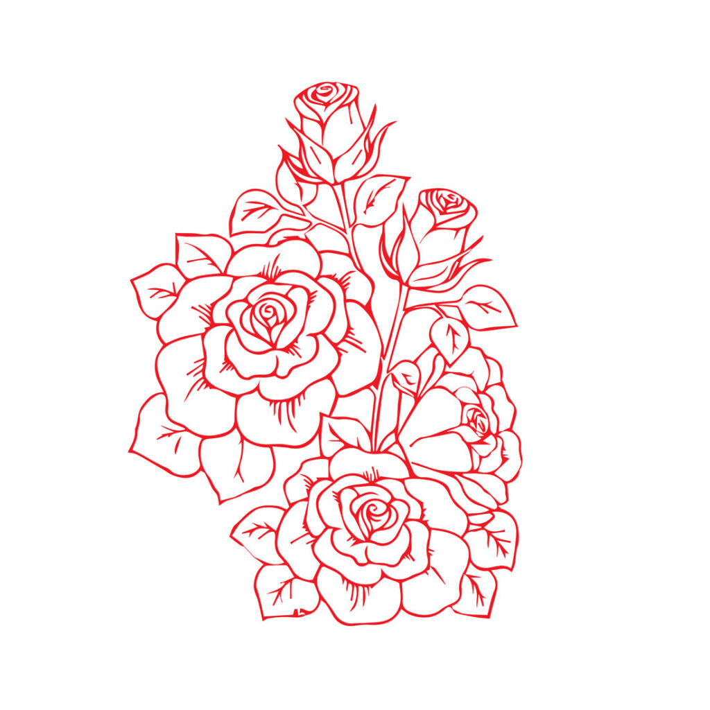 4 Flower Line Drawings In Red Color Suitable For Drawing Books, Tattoos 