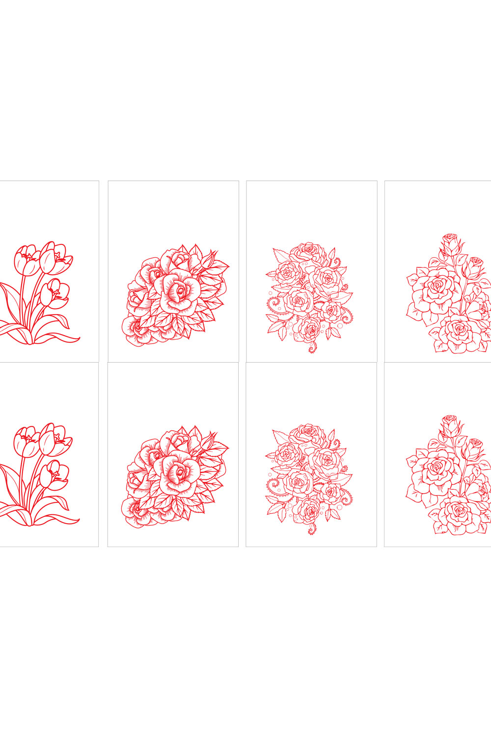 4 flower line drawings in red color suitable for drawing books, tattoos etc pinterest preview image.