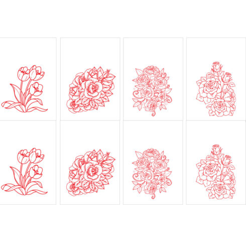 4 flower line drawings in red color suitable for drawing books, tattoos etc cover image.