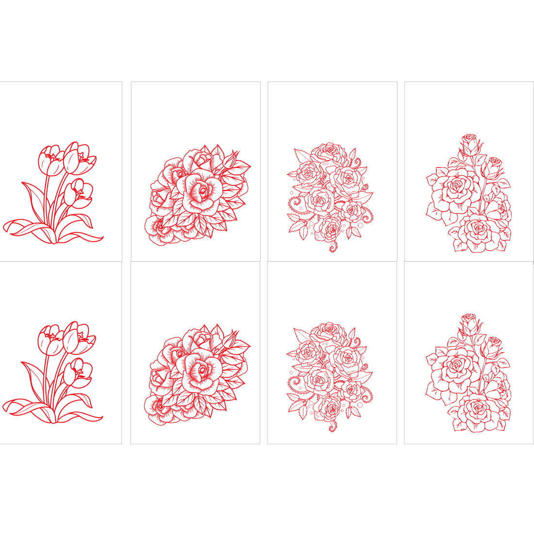 4 flower line drawings in red color suitable for drawing books, tattoos etc cover image.