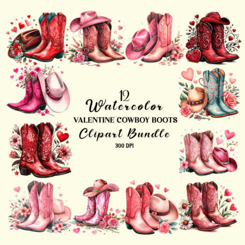 Watercolor Valentine Cowboy Boots Clipart Bundle cover image.