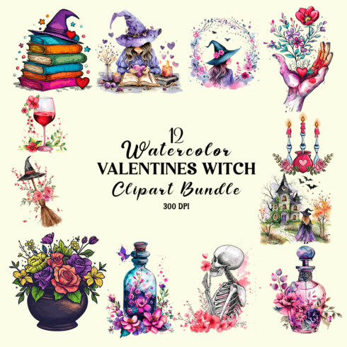 Watercolor Valentines Witch Clipart Bundle cover image.