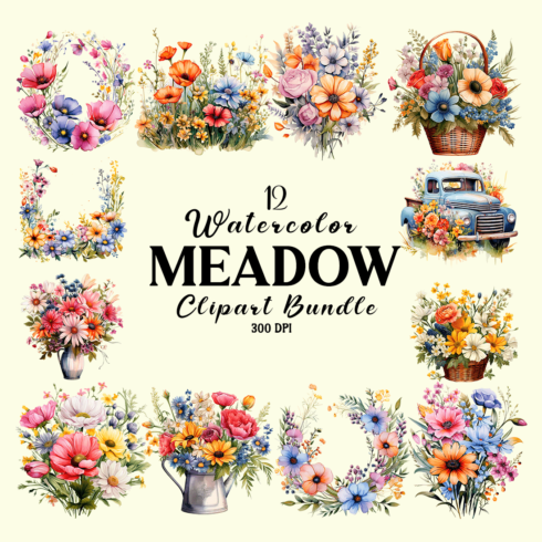 Watercolor Meadow Clipart Bundle cover image.