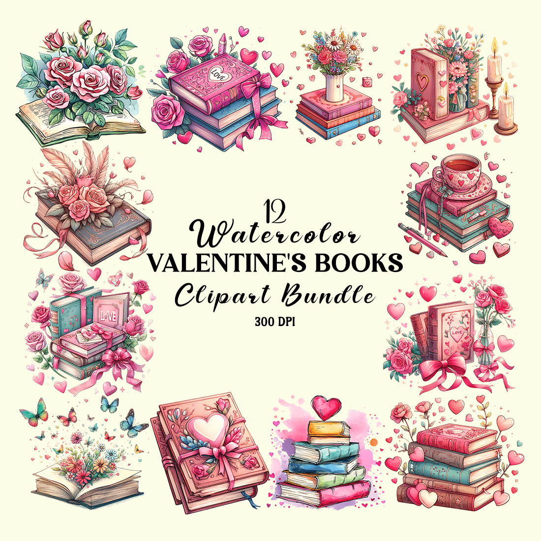 Watercolor Valentine's Books Clipart Bundle cover image.