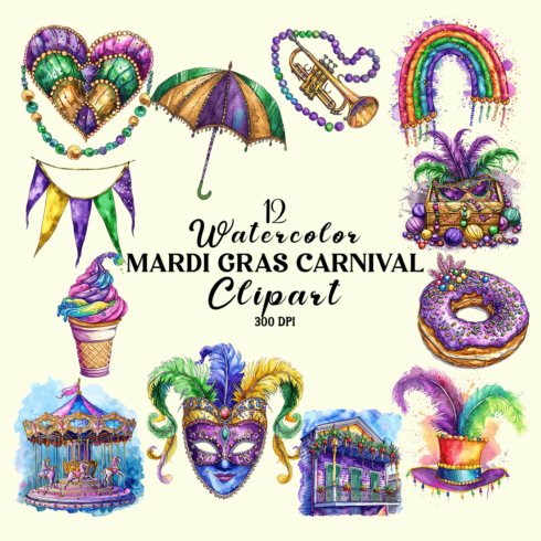 Watercolor Mardi Gras Carnival Clipart Bundle cover image.