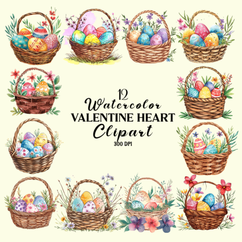 Watercolor Floral Egg Baskets Clipart Bundle cover image.