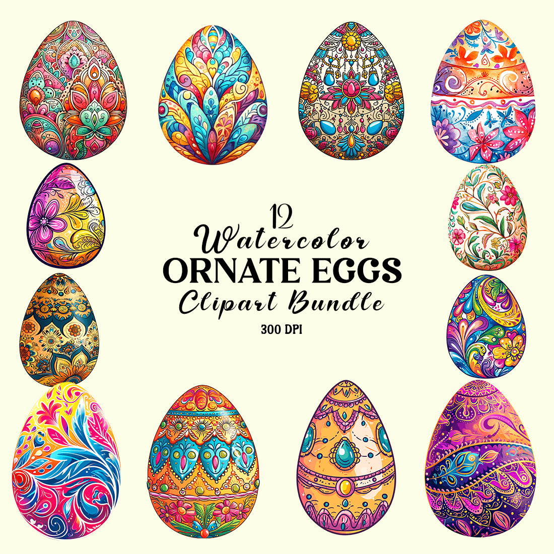 Watercolor Ornate Eggs Clipart Bundle cover image.