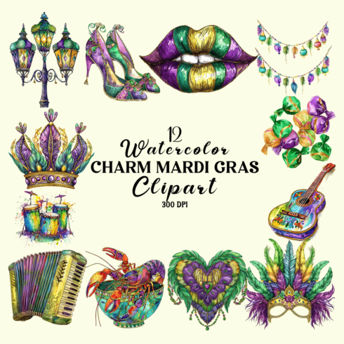 Watercolor Charm Mardi Gras Clipart Bundle cover image.