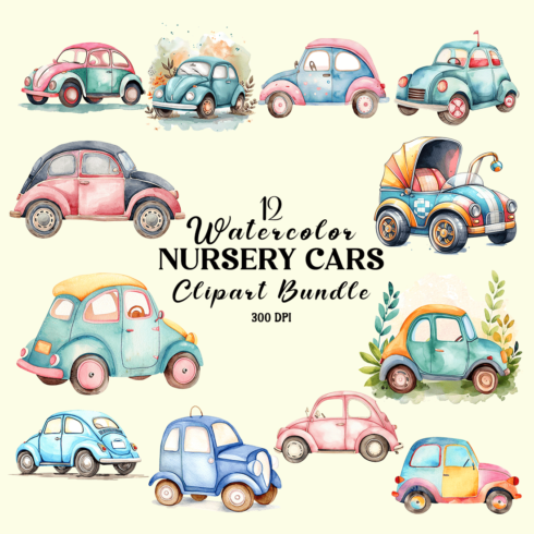 Watercolor Nursery Cars Clipart Bundle cover image.