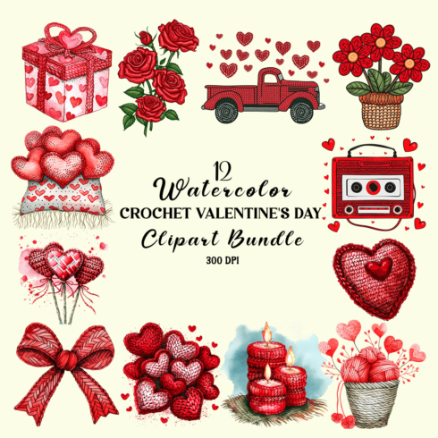 Watercolor Crochet Valentine's Day Sublimation Clipart cover image.